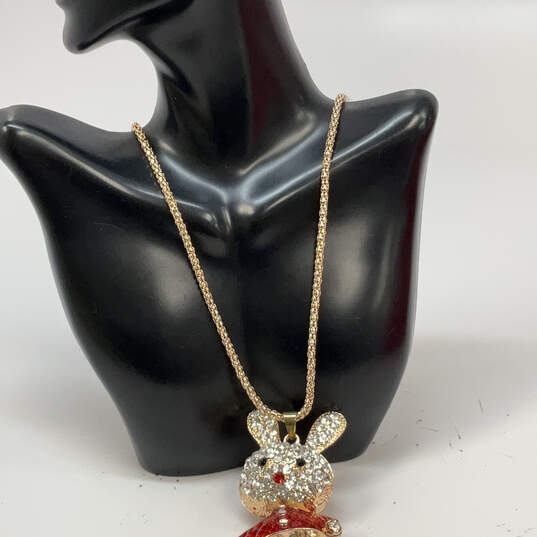 Designer Betsey Johnson Gold-Tone Enamel Crystal Bunny Pendant Necklace image number 2
