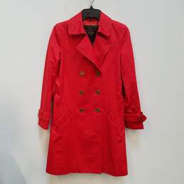 Womens Red Cotton Long Sleeve Double Breasted Trench Coat Size X-Small alternative image