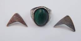 925 Taxco Mexico Malachite Ring & Geometric Post Earrings 17.5g