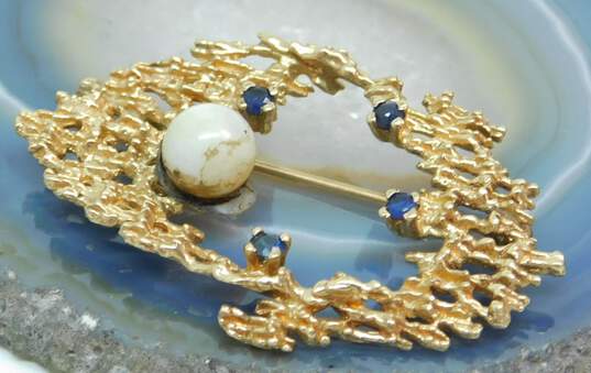 Romantic 12k Yellow Gold Blue Spinel & Pearl Brooch Pin 8.8g image number 4
