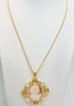Amedeo Gold Tone Carved Shell Cameo Crystal & Cat's Eye Pendant Necklace 32.1g