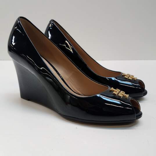 Buy the Tory Burch Dark Blue Patent Leather Wedge Pumps Women's Size  |  GoodwillFinds