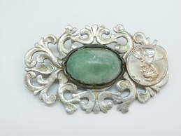 Vintage Mexican Artisan 925 Sterling Silver Scrolled Cut Out Green Onyx Brooch 26.1g