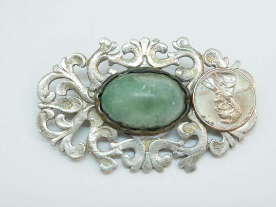Vintage Mexican Artisan 925 Sterling Silver Scrolled Cut Out Green Onyx Brooch 26.1g image number 1