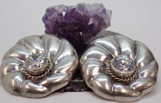 Taxco Sterling Silver Pleated Disc Chunky Cubic Zirconia Clip On Earrings 33.7g image number 4