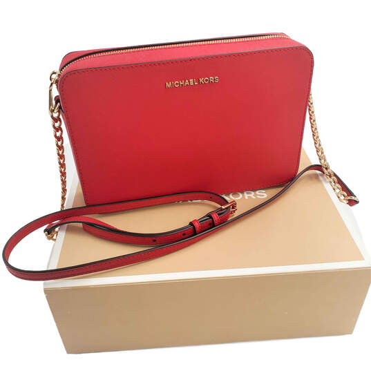 Michael Kors Jet Set Travel Chili Red Saffiano Leather/Gold-Tone Crossbody  Bag