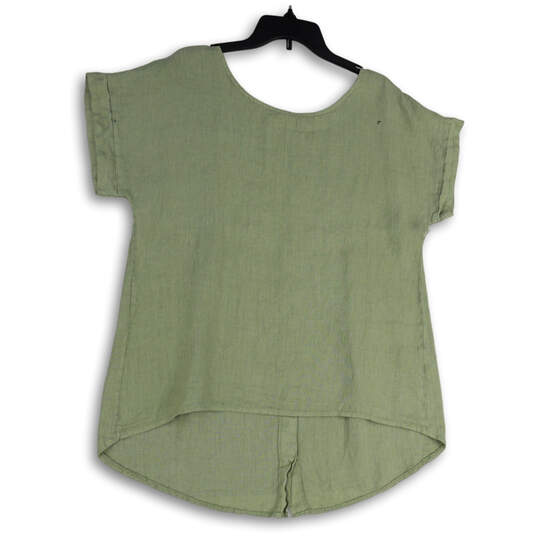 Womens Green Pleated Short Cuff Sleeve Round Neck Blouse Top Size Medium image number 3