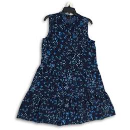 Womens Blue Floral Sleeveless Henley Neck Knee Length A-Line Dress Size Medium