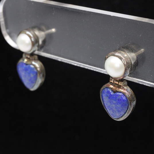 Sterling Silver Pearl & Denim Lapis Drop Earrings - 3.7g image number 2