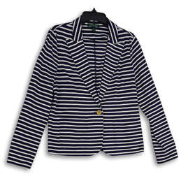 Womens Navy Blue White Striped Peak Lapel One Button Blazer Size Large