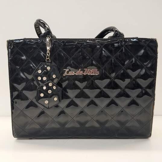Buy the Lux De Ville Black Leopard Print Quilted Shiny PVC Large Satchel Bag  Handbag
