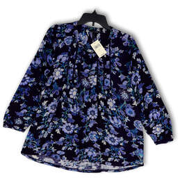 NWT Womens Blue Purple Floral Long Sleeve Henley Neck Blouse Top Size Large