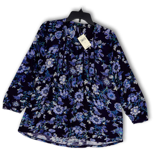 NWT Womens Blue Purple Floral Long Sleeve Henley Neck Blouse Top Size Large image number 1