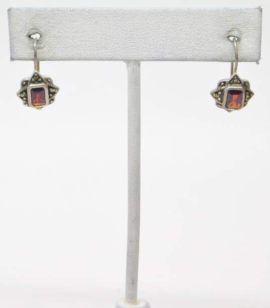 925 Sterling Silver Garnet Onyx Marcasite & CZ Earrings Bracelet & Rings 37.0g image number 4