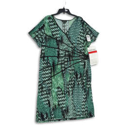 NWT Womens Green Black Printed V-Neck Short Sleeve Shift Dress Size 22W