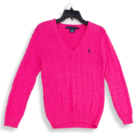 Womens Pink Cable-Knit V-Neck Long Sleeve Pullover Sweater Size Large image number 1