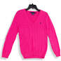 Womens Pink Cable-Knit V-Neck Long Sleeve Pullover Sweater Size Large image number 1