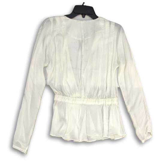 NWT Womens White Pleated Long Sleeve V-Neck Peplum Blouse Top Size S image number 2