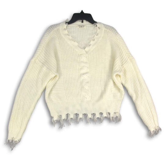Womens White V-Neck Long Sleeve Cable Knit Raw Hem Pullover Sweater Size 2X image number 1