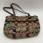 Womens Beige Brown Signature Print Double Handle Logo Charm Tote Bag image number 2