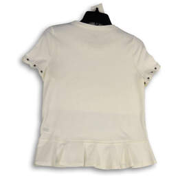 Womens White Scalloped Short Sleeve Ruffle Hem Pullover Blouse Top Size XS alternative image