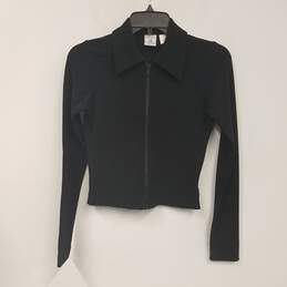 Womens Black Long Sleeve Collared Cropped Full Zip Sweater Size X-Small