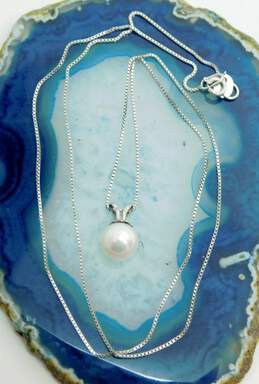14K White Gold Pearl Pendant Box Chain Necklace 1.6g
