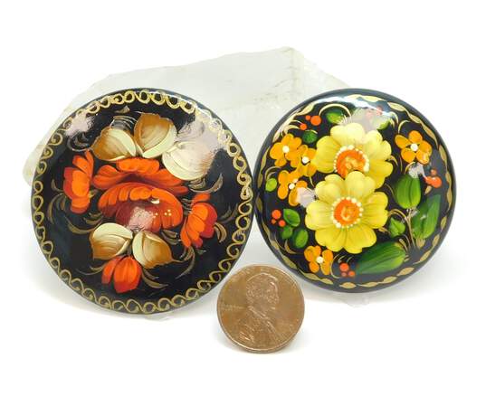 Vintage Ukrainian Hand Painted Golden & Colorful Floral Wood Circle Brooches Variety 16g image number 4