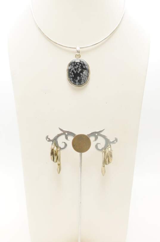 925 Snowflake Obsidian Pendant Necklace w/ Hoop Earrings 34.3g image number 6