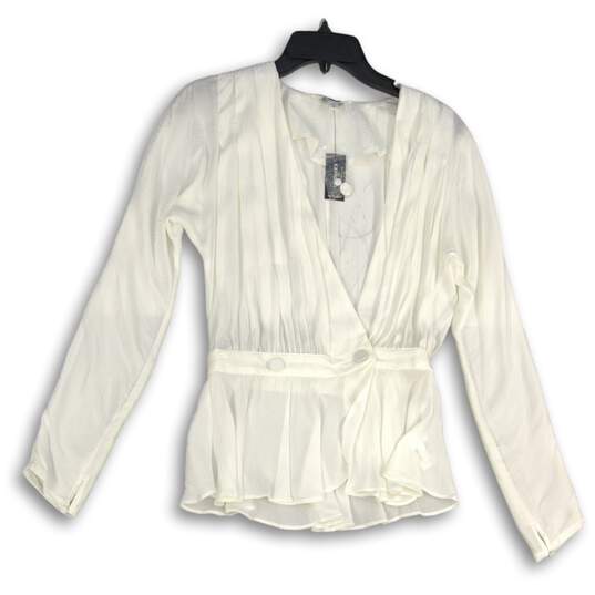 NWT Womens White Pleated Long Sleeve V-Neck Peplum Blouse Top Size S image number 1