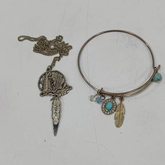 Lot of Silver Tone Bracelet & Pendant with Feather Charms image number 4