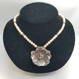 Vintage Sterling Silver FW Pearl Flower Pendant 19.5" Necklace 42.0g