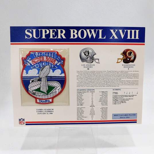 Super Bowl XVIII Patch Stat Card Official Willabee & Ward 35712 image number 1