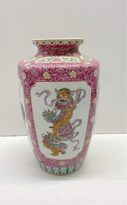Oriental Table Vase Dragon / Foo Dog Motif 12in Tall Asian Pottery