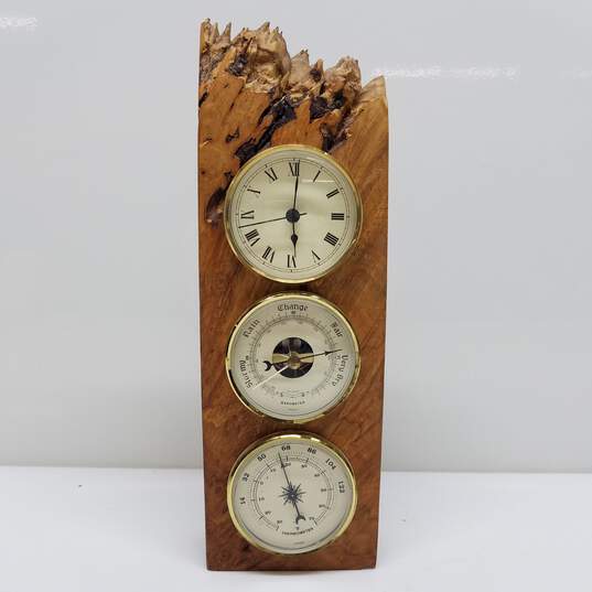 Charles Elkan Rustic Burl Wood Three Dial Clock and Weather Station image number 1