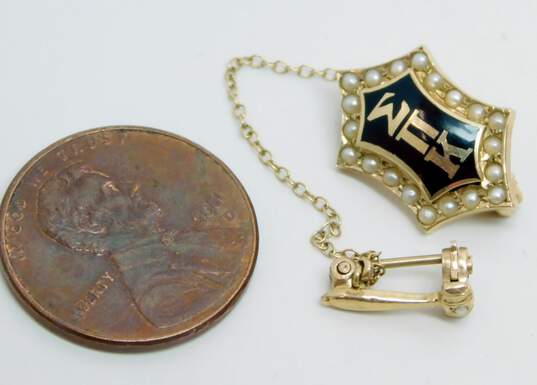 Vintage 10K Gold Sigma Pi Kappa Fraternity Black Enamel & Seed Pearls Pointed & Gavel Pins & Chain 3.2g image number 5