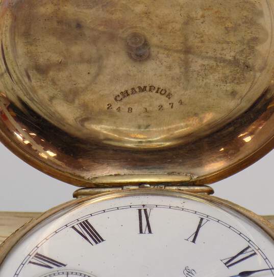 Antique 1890's Gold Filled Hampden 7 Jewels Etched Hunting Case Pocket Watch 127.6g image number 4