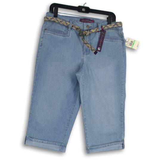 NWT Womens Blue Denim Medium Wash Pinstripe Belted Capri Pants Size 8 image number 1