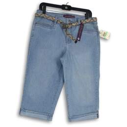 NWT Womens Blue Denim Medium Wash Pinstripe Belted Capri Pants Size 8
