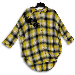 Womens Yellow Black Plaid Spread Collar 3/4 Sleeve Button-Up Shirt Size M/L