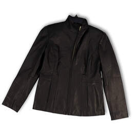 Womens Black Leather Long Sleeve Mock Neck Pockets Full-Zip Jacket Size S