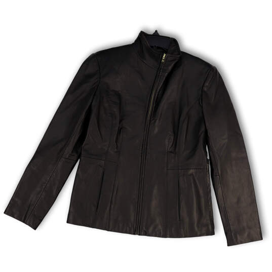 Womens Black Leather Long Sleeve Mock Neck Pockets Full-Zip Jacket Size S image number 1