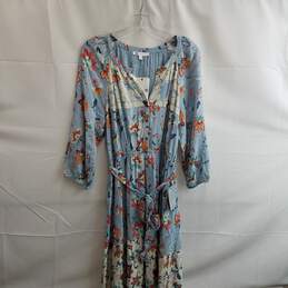 DR2 Women's Blue Floral Rayon Belted Long Sleeve Dress Size L