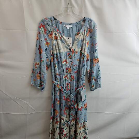 DR2 Women's Blue Floral Rayon Belted Long Sleeve Dress Size L image number 1