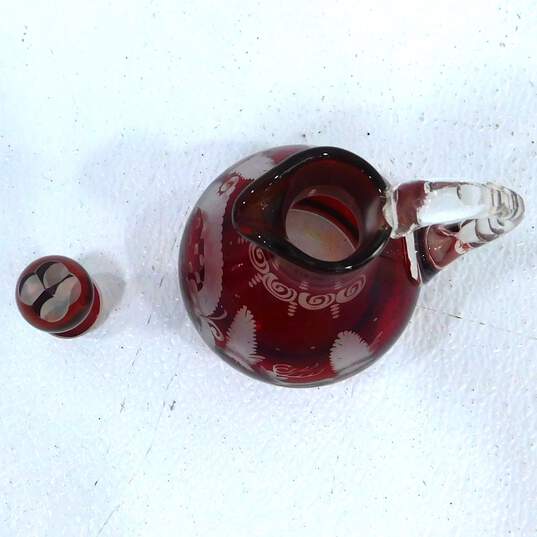 VNTG Art Glass Home Decor Bohemian Czech Ruby Cruet Cranberry Glass Etched Vase image number 15
