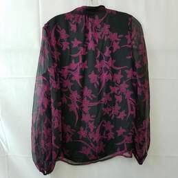 Vince Camuto Floral Pattern Blouse Mock Neck Sheer Sleeve Black Pink Size M alternative image