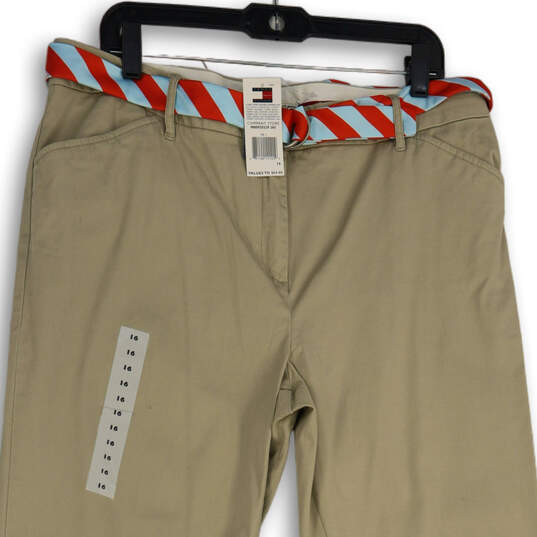 NWT Womens Khaki Flat Front Slash Pocket Belted Wide Leg Chino Pants Sz 16 image number 3