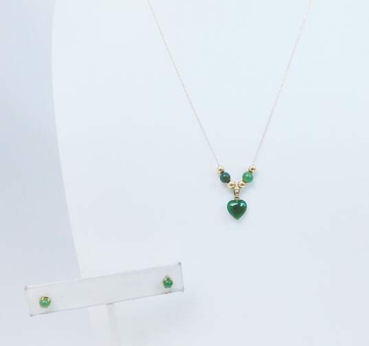 14K Gold Nephrite Heart & Ball Beaded Pendant Cable Chain Necklace & Matching Post Earrings Set 2.4g image number 1