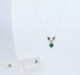 14K Gold Nephrite Heart & Ball Beaded Pendant Cable Chain Necklace & Matching Post Earrings Set 2.4g