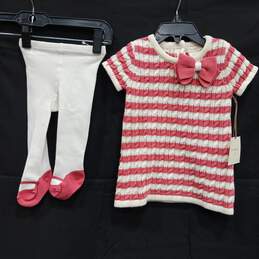 NWT Baby Girl Pink White Striped Sweater Dress With Matching Tights Size 3-6 M